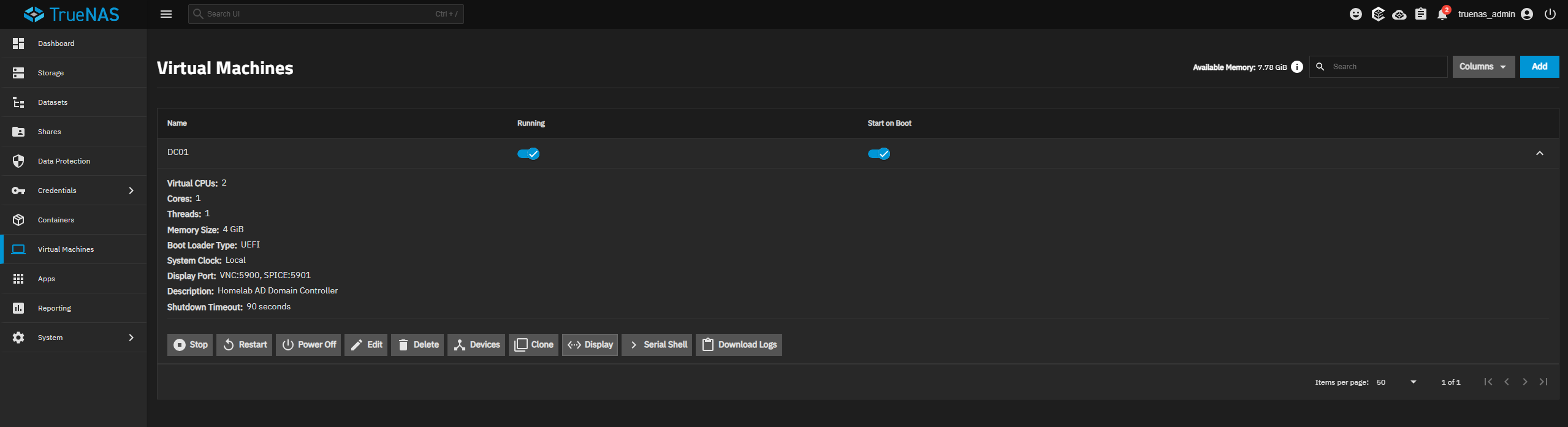 TrueNAS virtual machine configuration for DC01